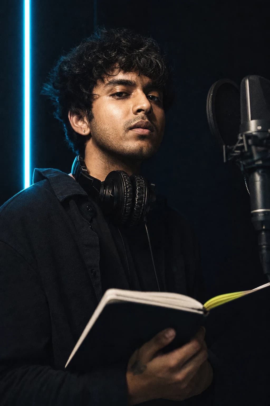 Independent musician holding a lyric notebook in a recording booth
